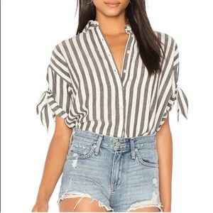 THE GREAT. Charcoal and White Striped Short Sleeve Top